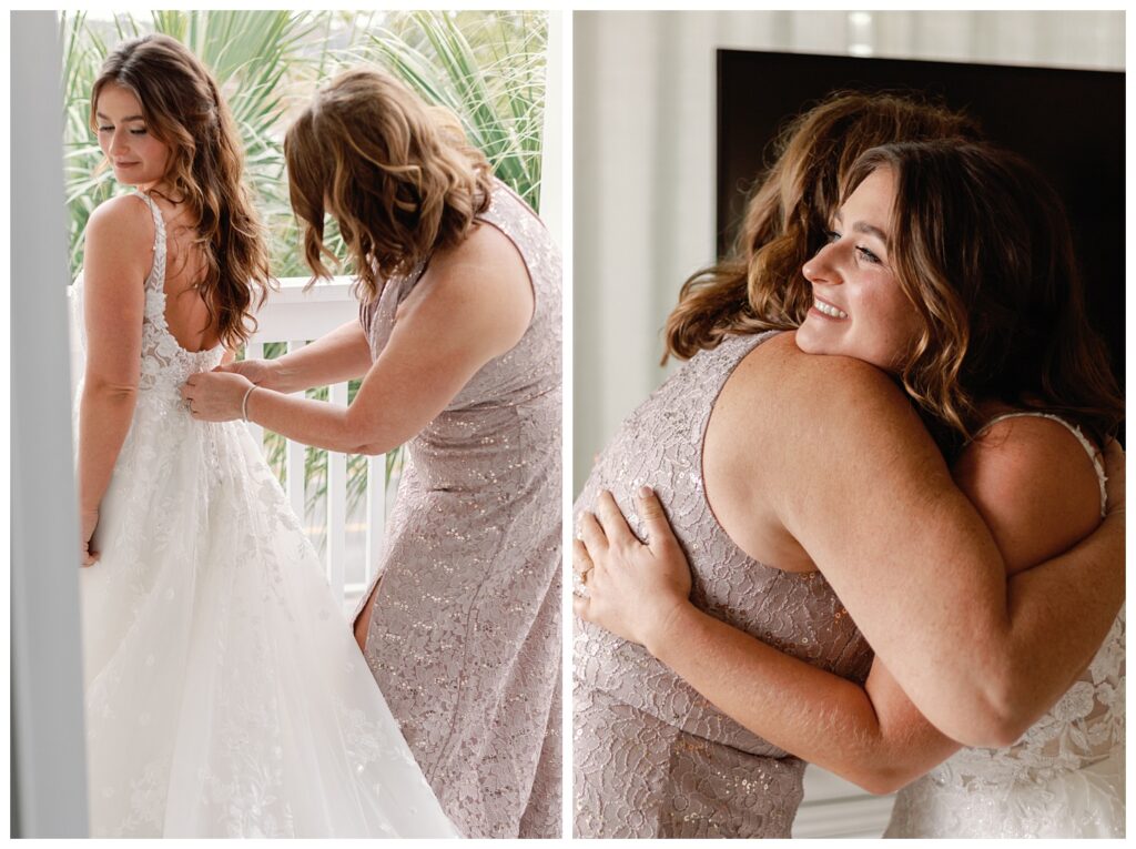 bride and mom getting ready and hugging each other in their getting-ready room. 